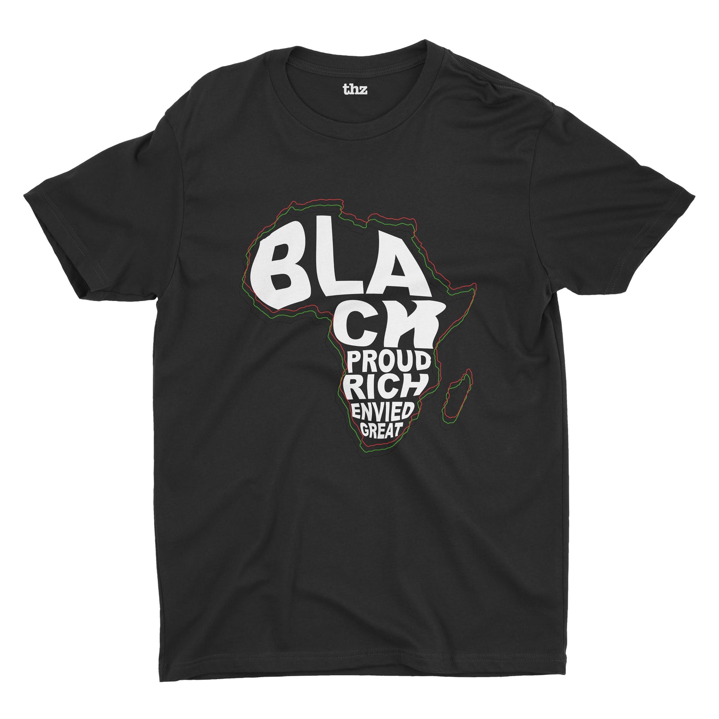 Black Owned Clothing Brand. Black History Month T-Shirt. Black Tshirt with Africa Outline, Black, Proud, Rich, Envied, Great.