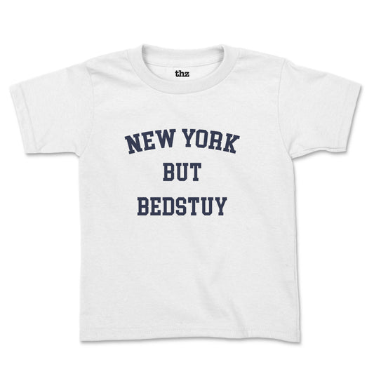 New york but bedstuy navy font, white short sleeve baby t-shirt.